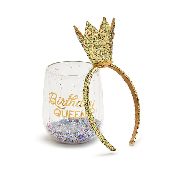 Two's Company Birthday Queen Stemless Wine Glass with Glitter Crown