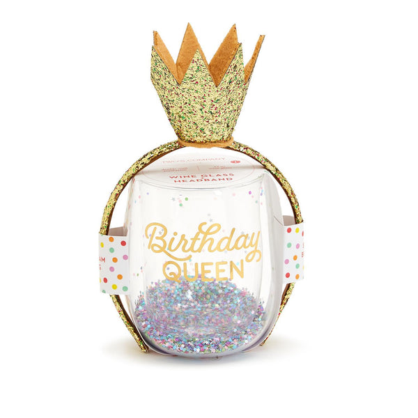 Two's Company Birthday Queen Stemless Wine Glass with Glitter Crown