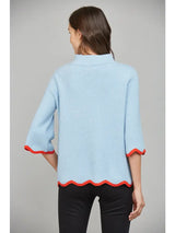 Soft Blue with Red/Orange Scallop Detail Sweater