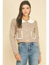 Collared Cardigan with Patch Pockets in Taupe and Ivory
