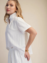 White Stand Collar Short Sleeve Blouse