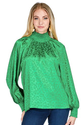 Green Elastic Neck Cheetah Print Top