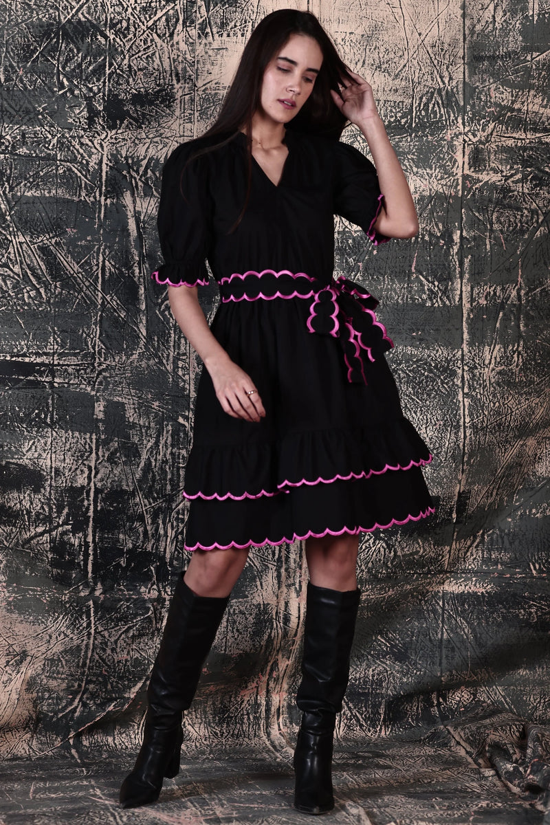 Athena Dress in Black with Pink Scalloped Trim