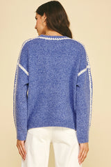 Blue Stitch Embroidered Detail Knit Sweater