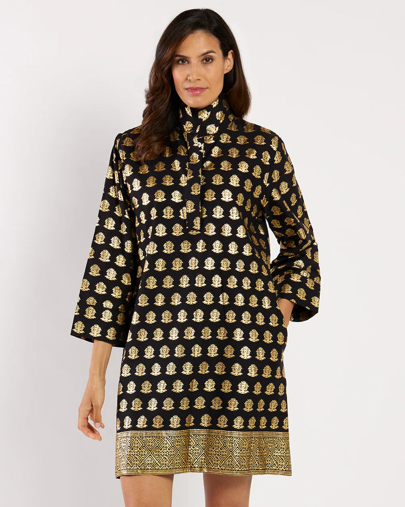 Jude Connally Helen Dress in Cotton Voile - Foulard Border Black Gold
