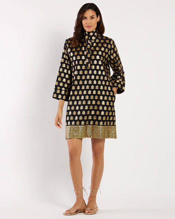 Jude Connally Helen Dress in Cotton Voile - Foulard Border Black Gold