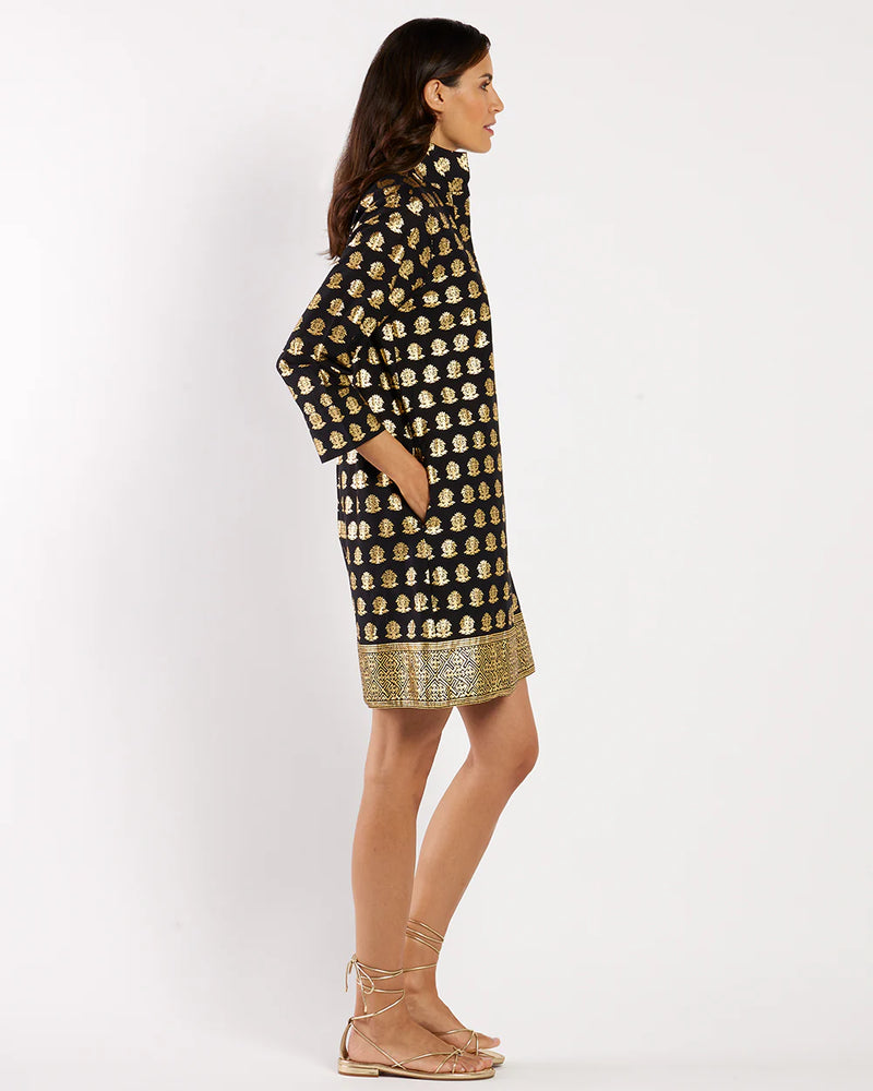 Jude Connally Helen Dress in Cotton Voile - Foulard Border Black Gold