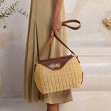 Rattan Oversized Shoulder Bag with Dark Brown Leather Trim
