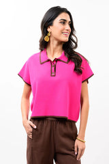 Pink and Brown Knit Sweater with Collar