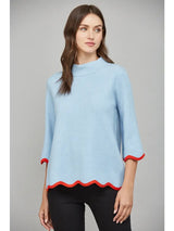 Soft Blue with Red/Orange Scallop Detail Sweater