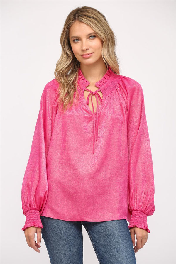 Hot Pink Glitter Detail Tie Neck Blouse