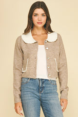 Collared Cardigan with Patch Pockets in Taupe and Ivory