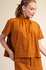 Camel Suede Stand Collar Short Sleeve Blouse