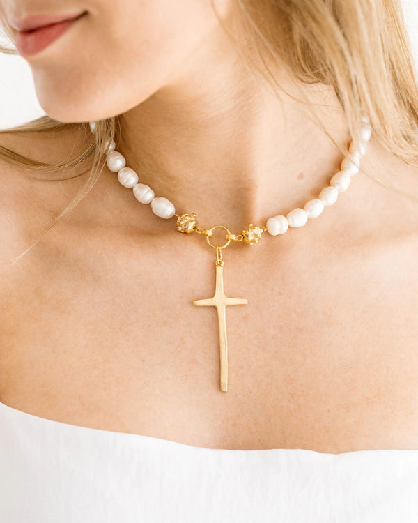 Susan Shaw Tall Cross Pearl Necklace
