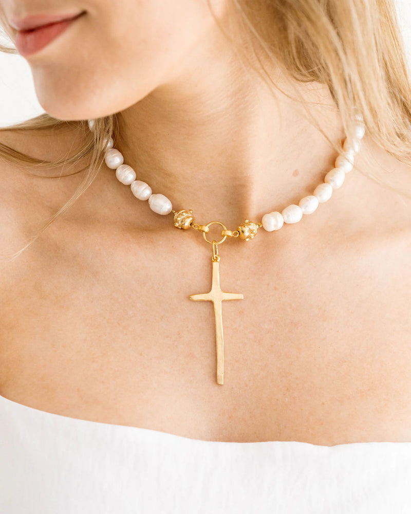 Susan Shaw Tall Cross Pearl Necklace