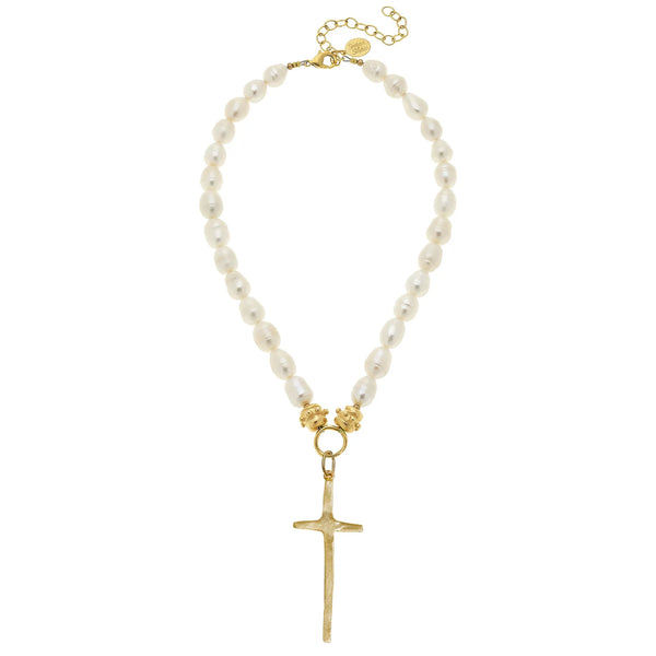 Susan Shaw Tall Cross Pearl Necklace