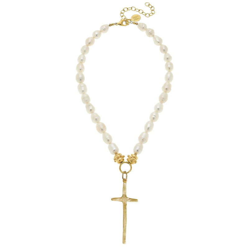 Susan Shaw Tall Cross Pearl Necklace