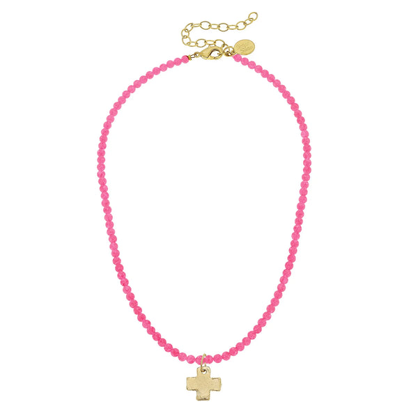 Susan Shaw Gold Cross on Agate Necklace (Three Color Options)