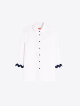 White Blouse with Navy Wave Trim