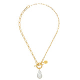 Susan Shaw Gold Paperclip and Baroque Pearl Chain Necklace