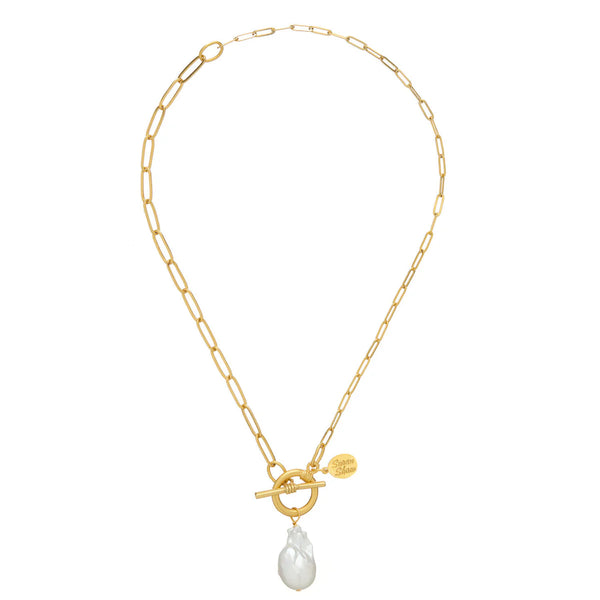 Susan Shaw Gold Paperclip and Baroque Pearl Chain Necklace