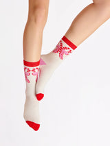Candy Cane Bow Socks in Ivory