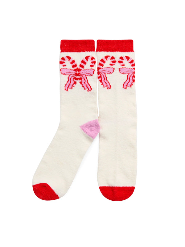 Candy Cane Bow Socks in Ivory