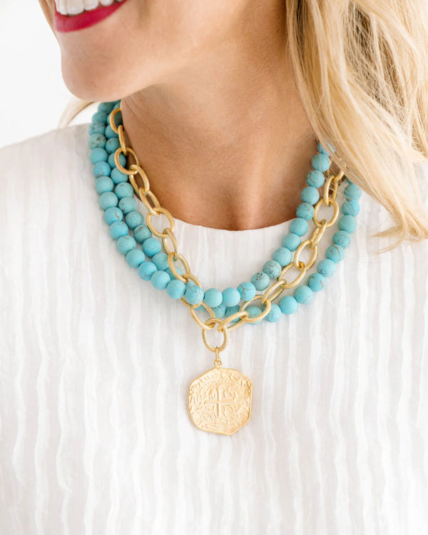 Susan Shaw Gold Coin and Matte Turquoise Necklace