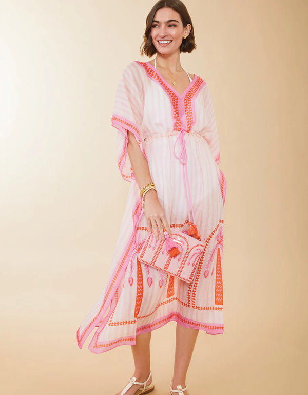 Long Kaftan in Palm Stripe Pink - Coverup