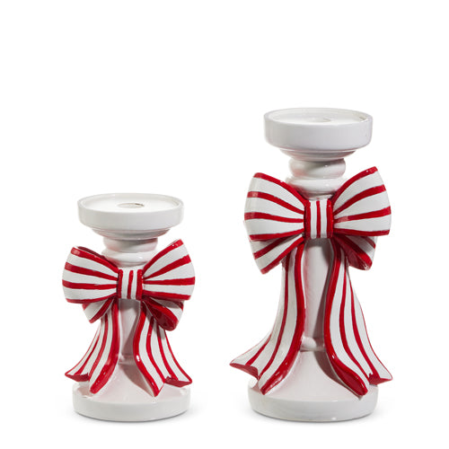 Red and White Stripe Bow Candle Holders (Two Size Options)