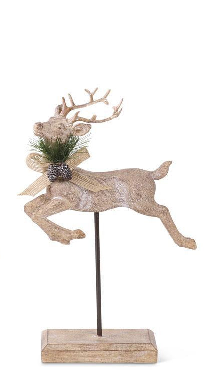 Resin Woodgrain Jumping Reindeer with Bow on Spindle