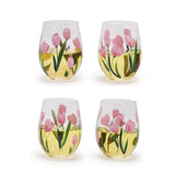 Two's Company Pink Tulips Stemless Wine Glass