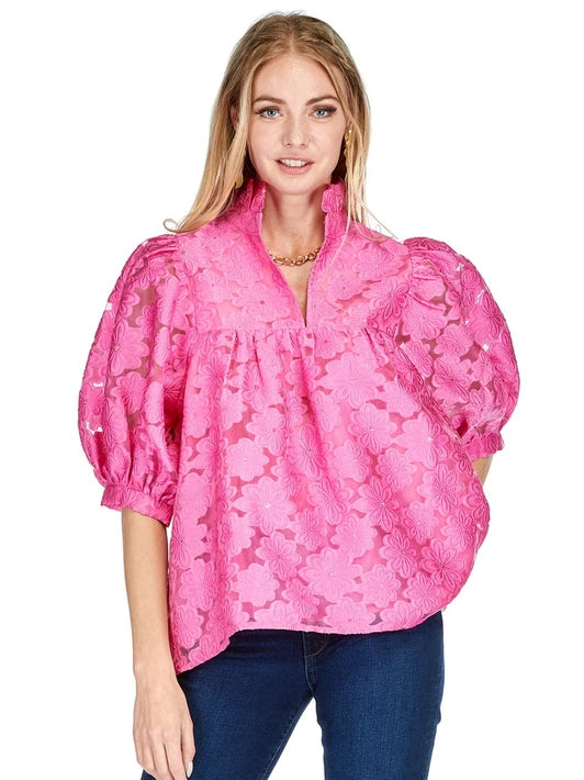 Fuchsia Organza High Neck Puff Sleeve Top