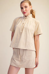 Beige Suede Stand Collar Short Sleeve Blouse