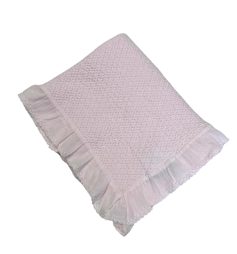 Baby Pink Stonewashed Puckered Blanket with Dotted Swiss Ruffle