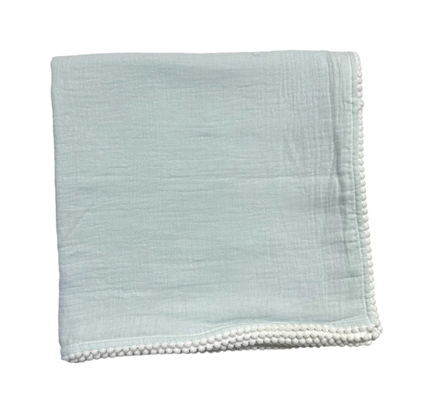 Cotton Muslin Swaddle Blabket with Pompom Edge in Blue