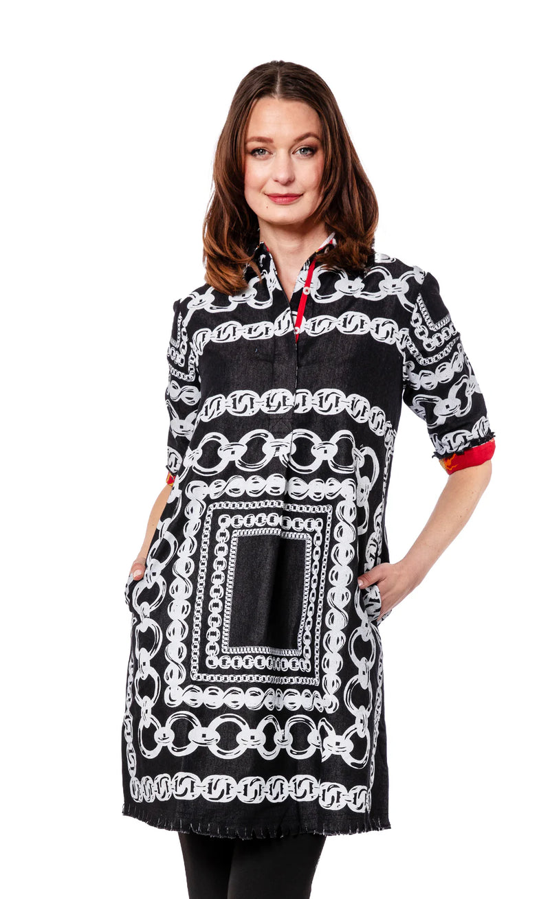 Dizzy Lizzy Chatham Dress in Black Denim with White Link Pattern