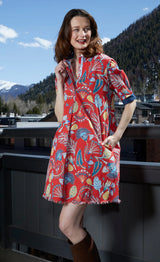 Dizzy Lizzy Chatham Dress in Red Ground with Foliage