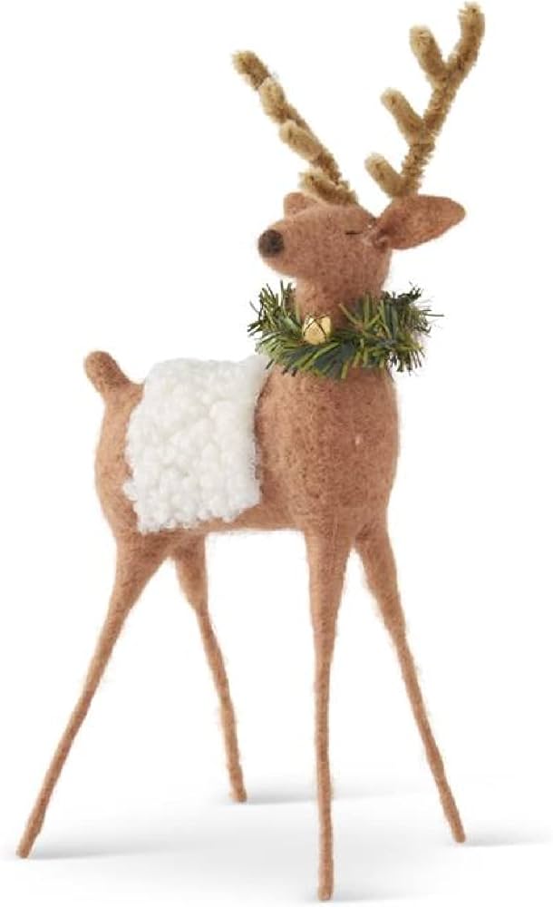 10.25" Tan Wool Reindeer with Wreath and Bell