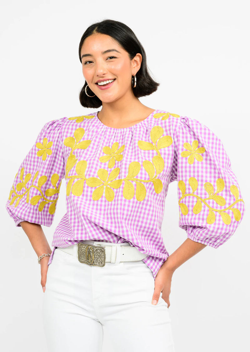 Lavender Check Embroidered Top