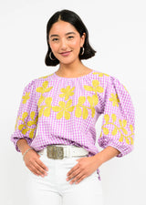 Lavender Check Embroidered Top