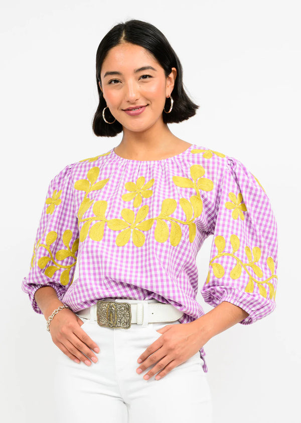 Lavender Check Embroidered Top