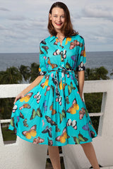 Mrs. Maisel Dress By Dizzy Lizzie In Turquoise Butterflies