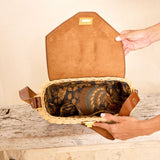 Rattan Oversized Shoulder Bag with Dark Brown Leather Trim