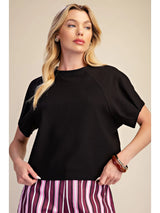 Black Round Neck Puff Short Sleeve Pullover Top