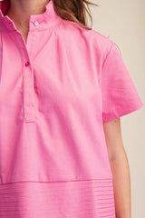 Stand Collar Short Sleeve Stitch Detail Shirt in Pink