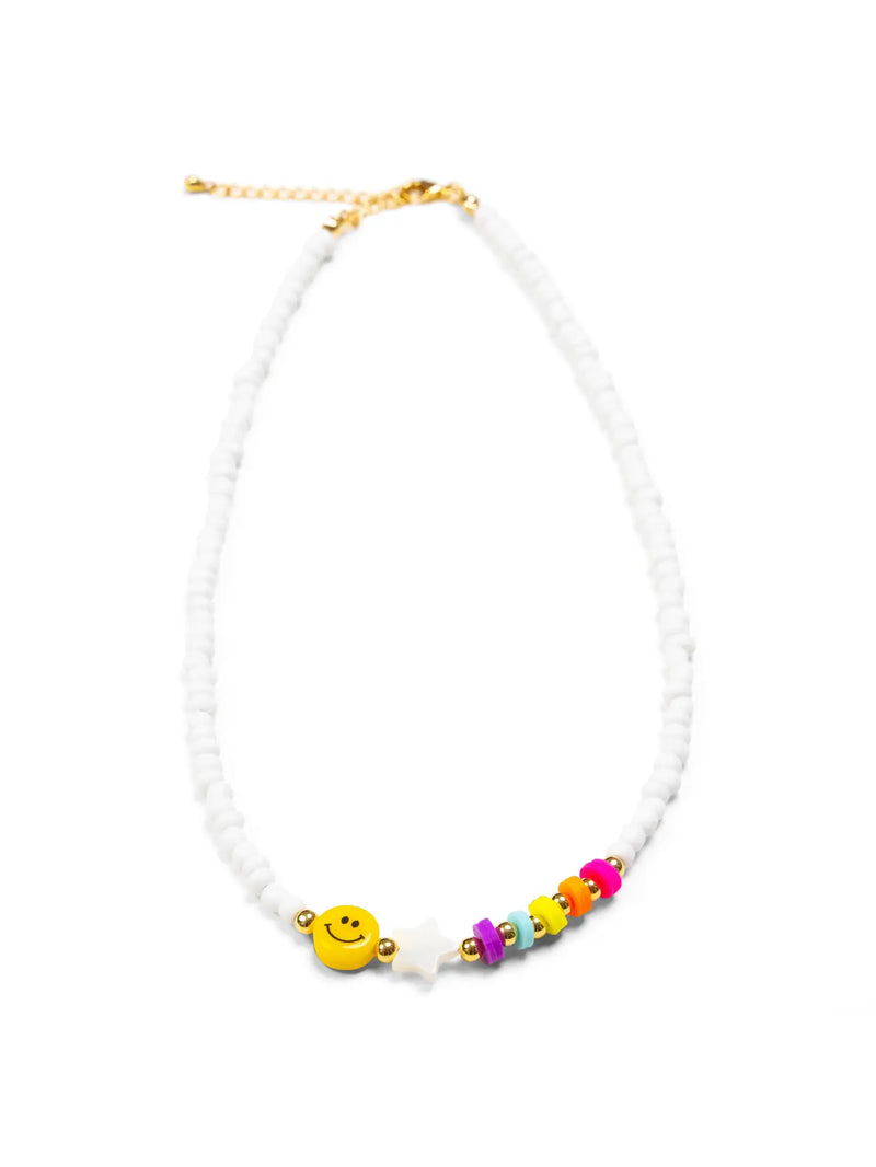 White Beaded Necklace with Rainbow and Smiley