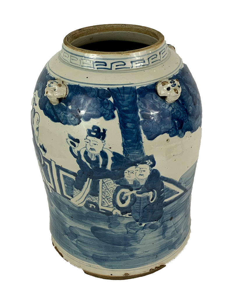 Porcelain blue white temple jar w/people