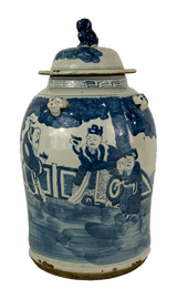 Porcelain blue white temple jar w/people