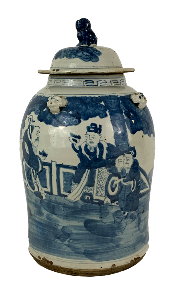 Porcelain blue white temple jar w/people